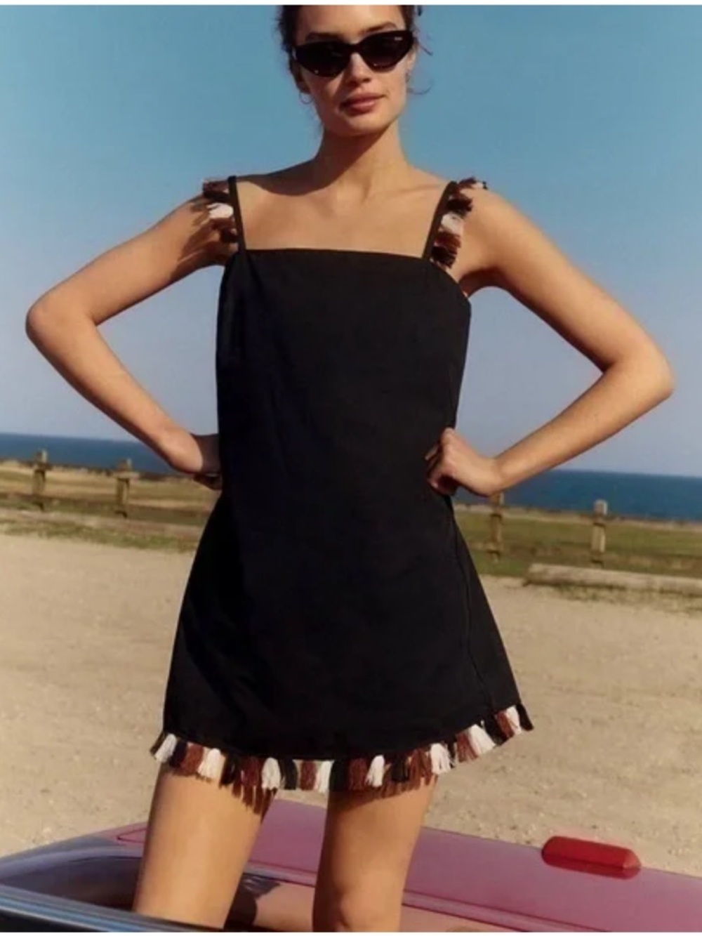 Anthropologie The Hartley Shift Cotton Mini Dress in Black Tassels Boho Sz S